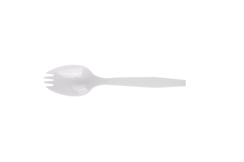 Weißer Einweg-Spork aus Kunststoff mit langem Griff