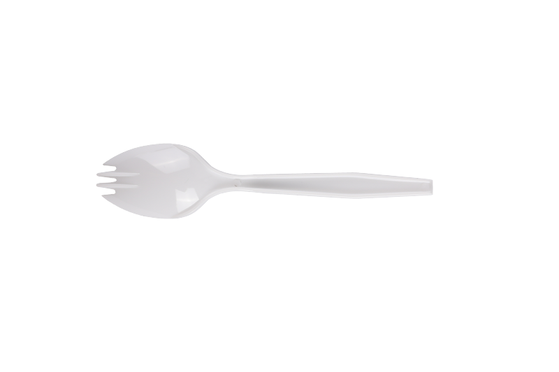 Weißer Einweg-Spork aus Kunststoff mit langem Griff