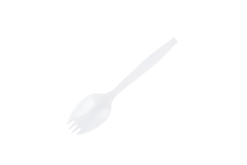 Weißer Einweg-Spork aus Kunststoff mit langem Griff